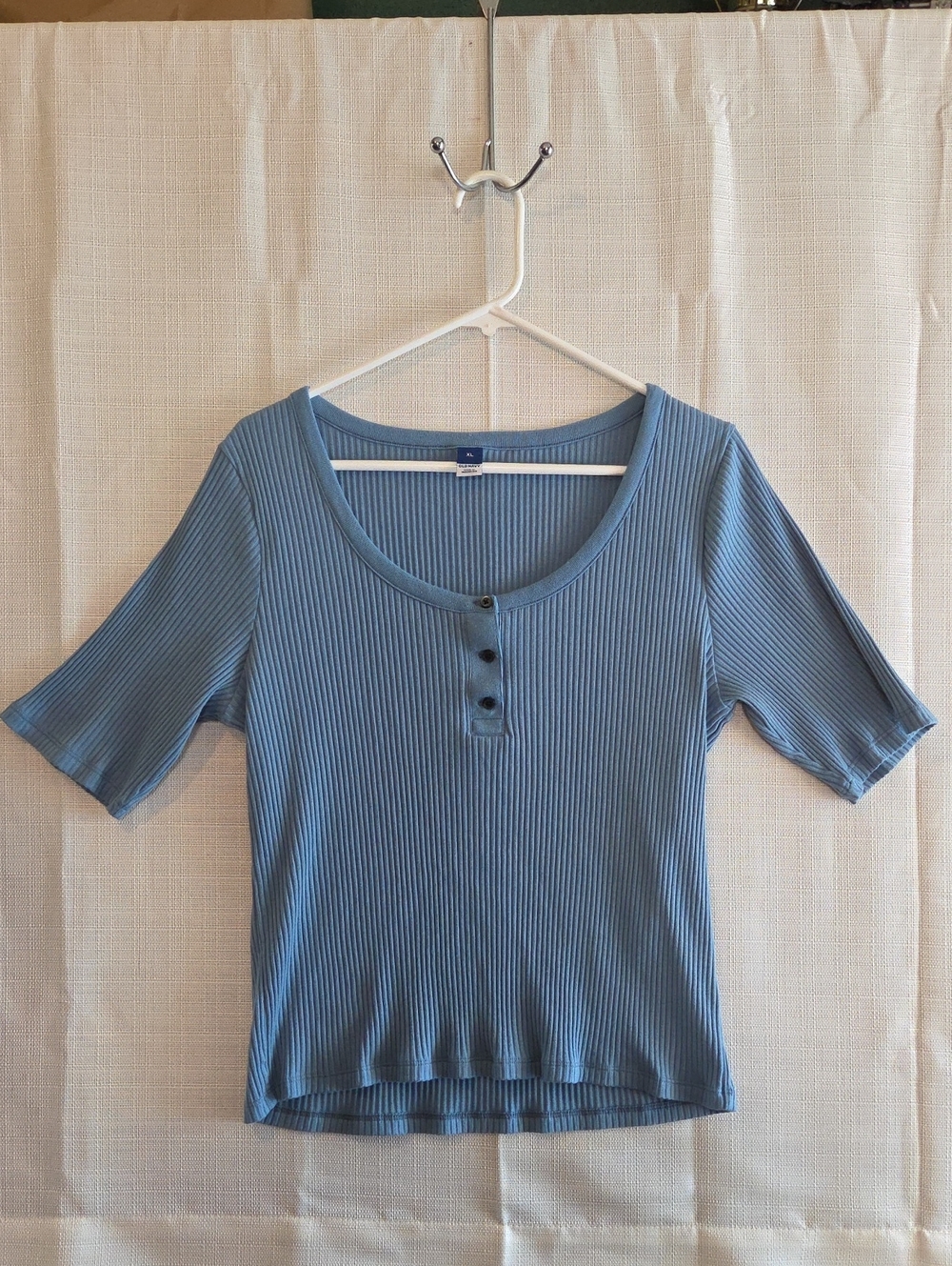 Old Navt Classic Ribbed Scoop Neck Henley with Button Placket - Dusty Blue